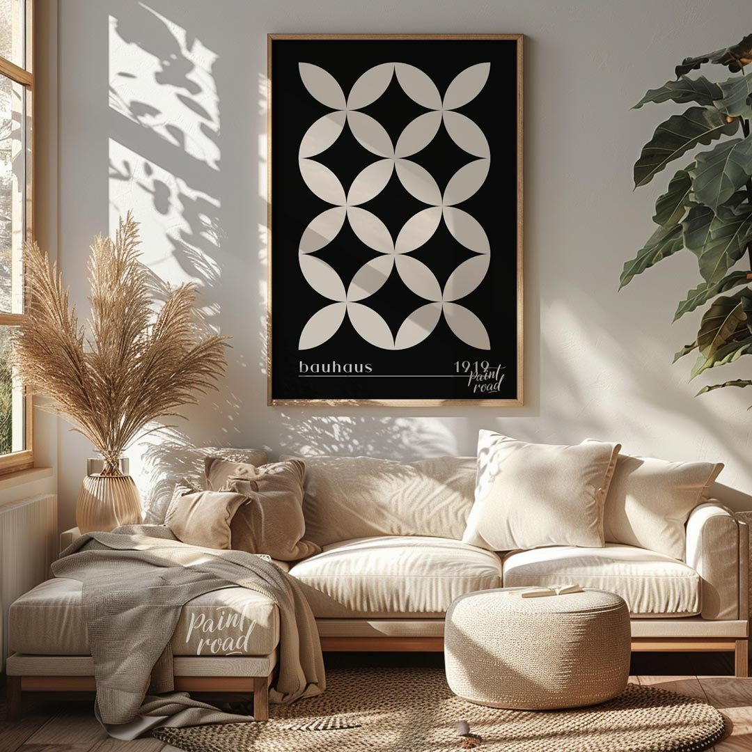 This high-contrast Bauhaus poster presents a captivating pattern of white petal-like shapes forming… for living room