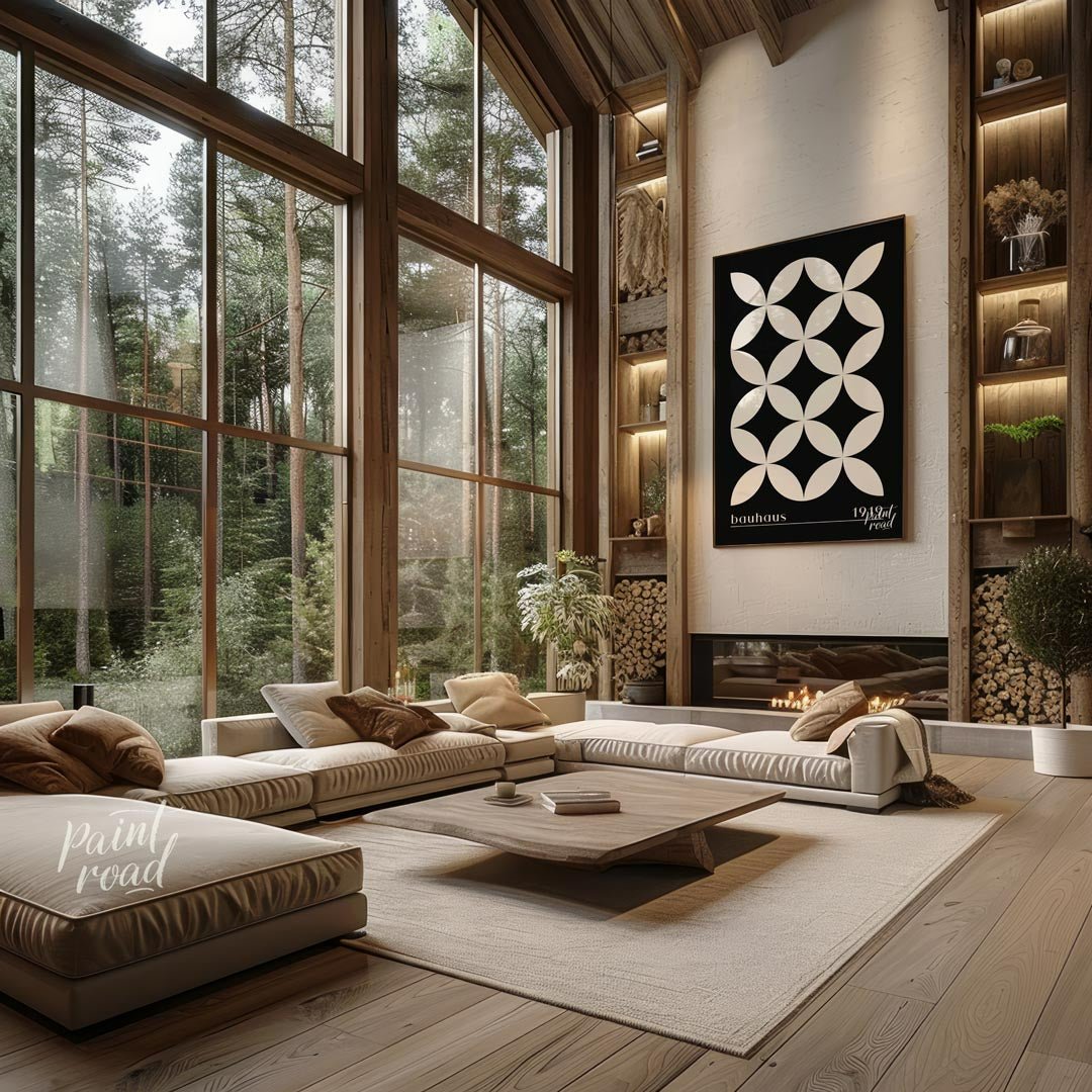 This high-contrast Bauhaus poster presents a captivating pattern of white petal-like shapes forming… for living room
