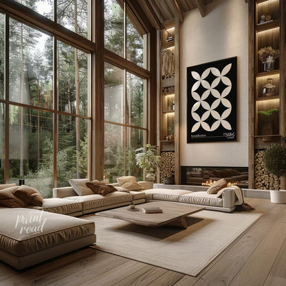 This high-contrast Bauhaus poster presents a captivating pattern of white petal-like shapes forming… for living room