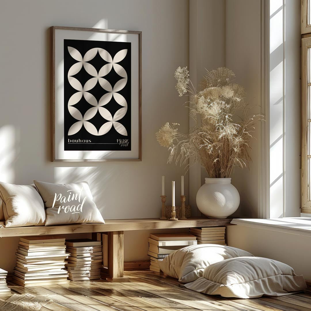 This high-contrast Bauhaus poster presents a captivating pattern of white petal-like shapes forming… for living room