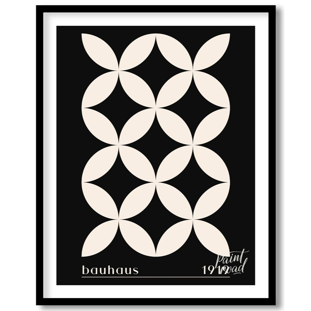 This high-contrast Bauhaus poster presents a captivating pattern of white petal-like shapes forming… for place