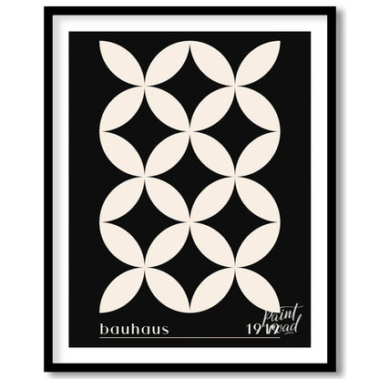 This high-contrast Bauhaus poster presents a captivating pattern of white petal-like shapes forming… for place