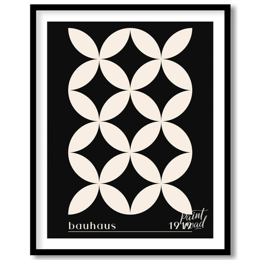 This high-contrast Bauhaus poster presents a captivating pattern of white petal-like shapes forming… for place