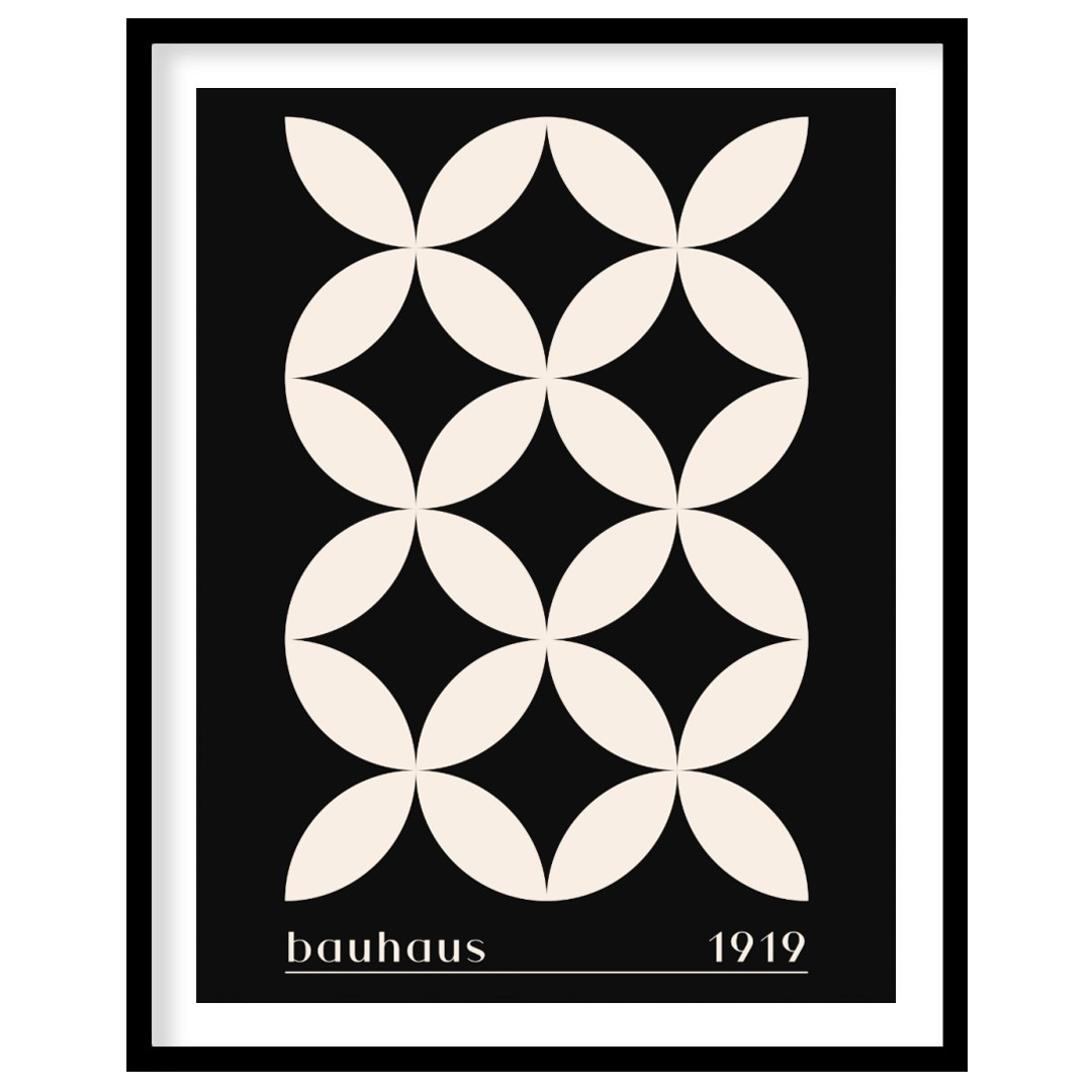 This high-contrast Bauhaus poster presents a captivating pattern of white petal-like shapes forming… for place