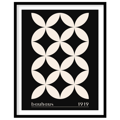 This high-contrast Bauhaus poster presents a captivating pattern of white petal-like shapes forming… for place
