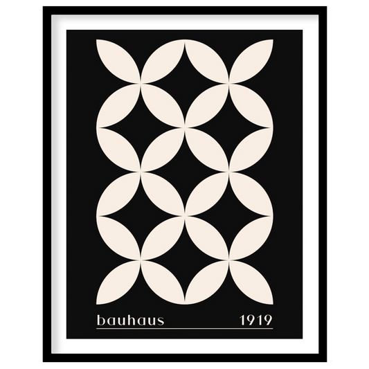 This high-contrast Bauhaus poster presents a captivating pattern of white petal-like shapes forming… for place