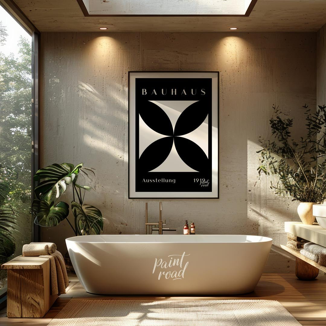 A dramatic and timeless representation of Bauhaus minimalism, this poster features a pristine white… for bathroom