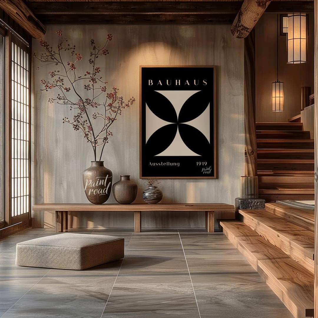 A dramatic and timeless representation of Bauhaus minimalism, this poster features a pristine white… for entryway