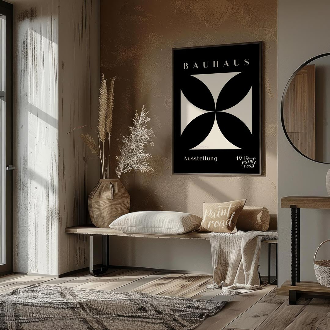 A dramatic and timeless representation of Bauhaus minimalism, this poster features a pristine white… for entryway