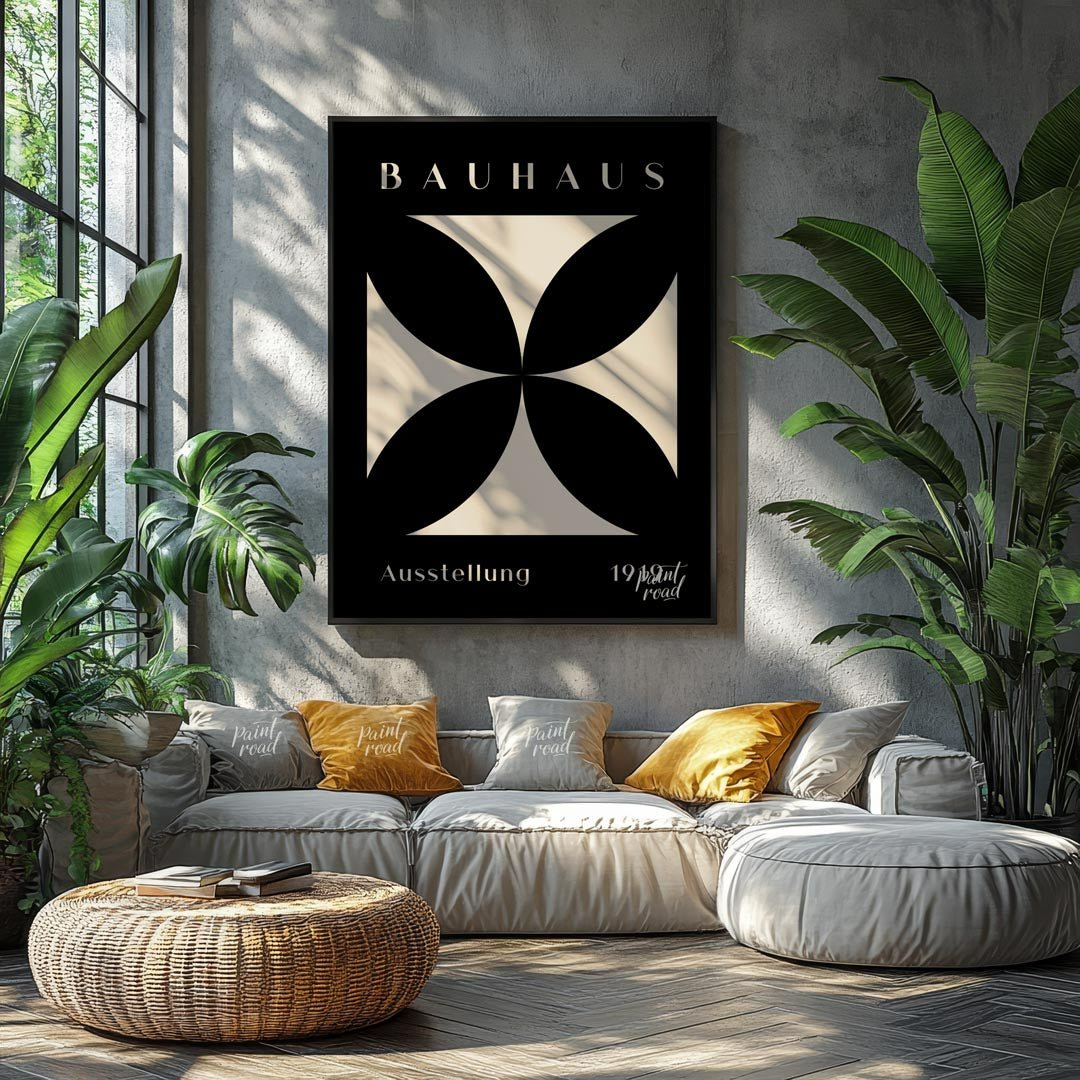 A dramatic and timeless representation of Bauhaus minimalism, this poster features a pristine white… for living room