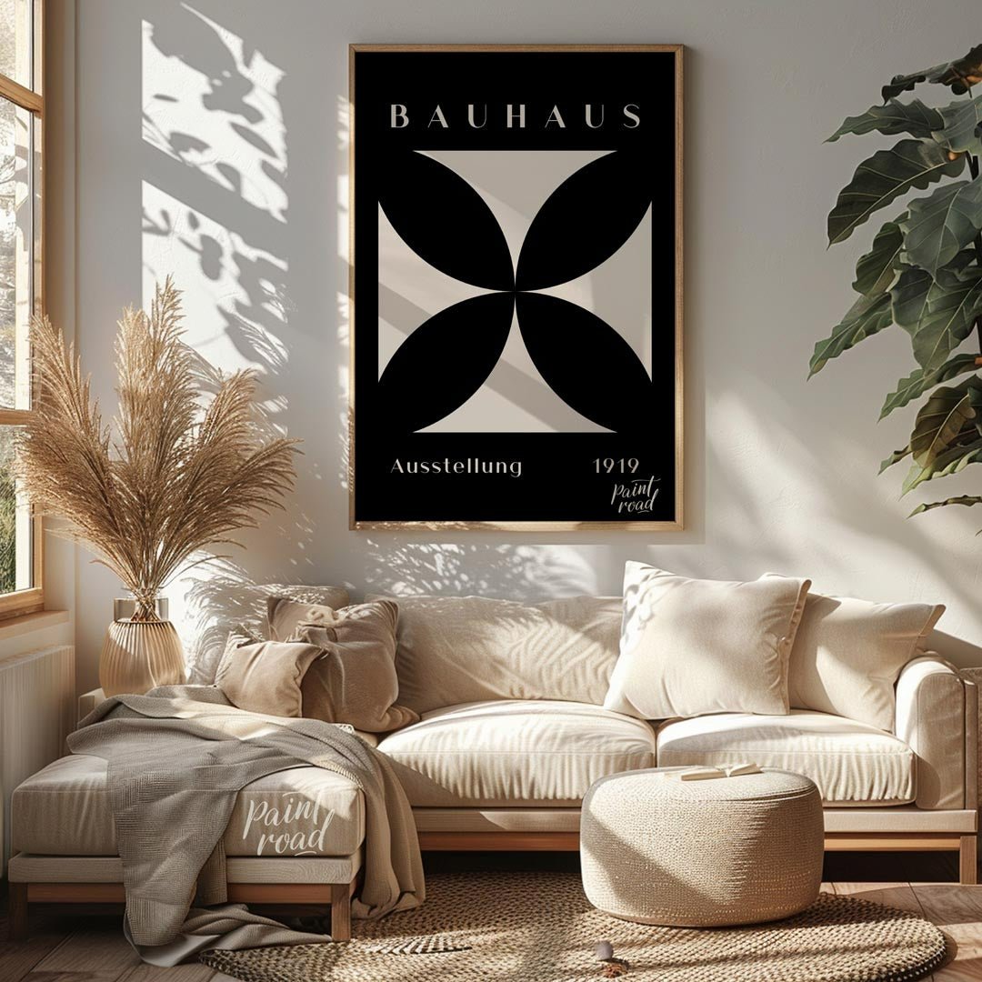 A dramatic and timeless representation of Bauhaus minimalism, this poster features a pristine white… for living room