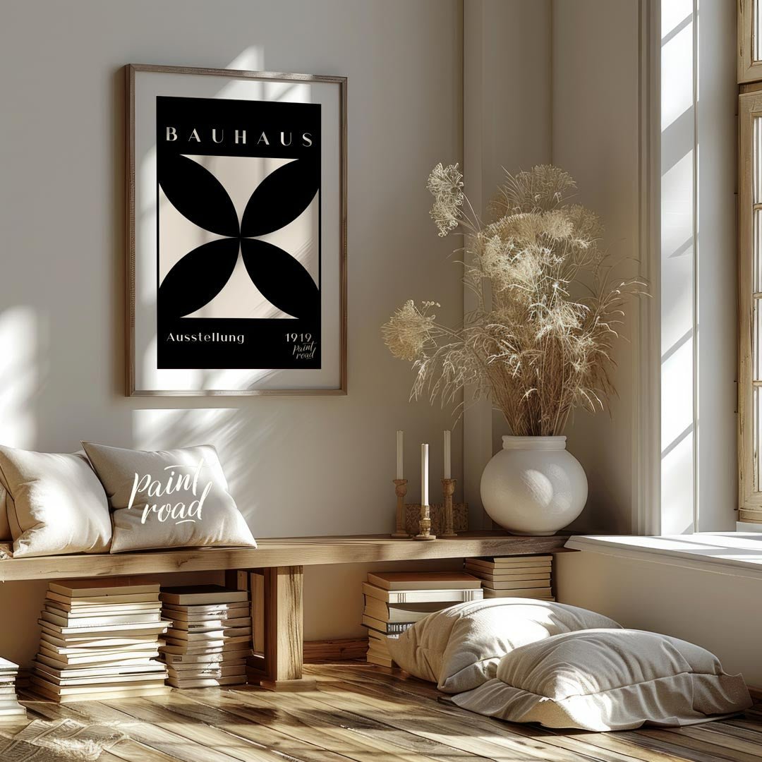 A dramatic and timeless representation of Bauhaus minimalism, this poster features a pristine white… for living room