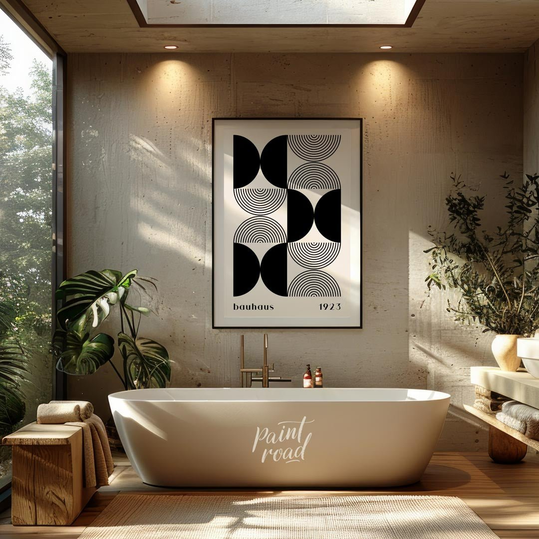 This striking art print is a homage to the iconic Bauhaus movement, featuring a sophisticated black… for bathroom