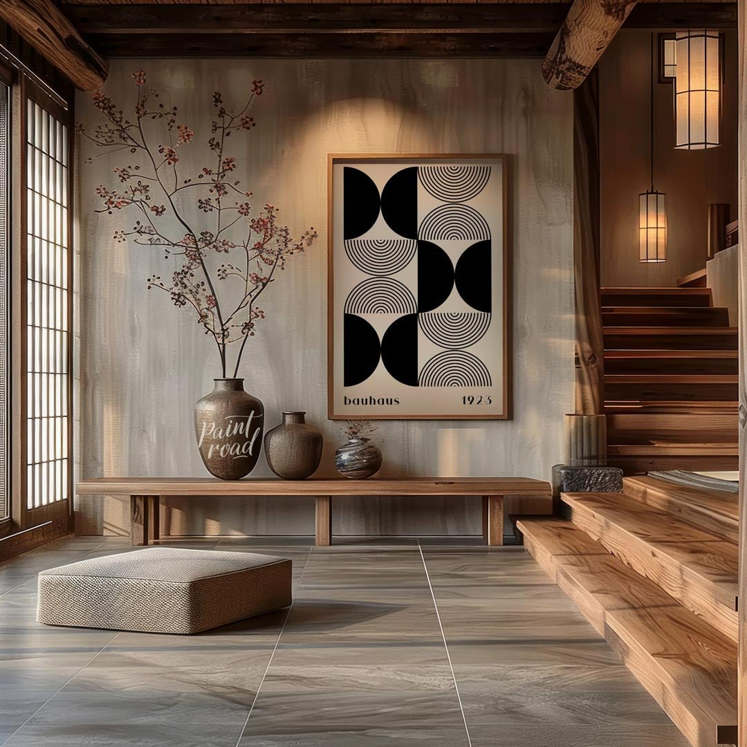 This striking art print is a homage to the iconic Bauhaus movement, featuring a sophisticated black… for entryway
