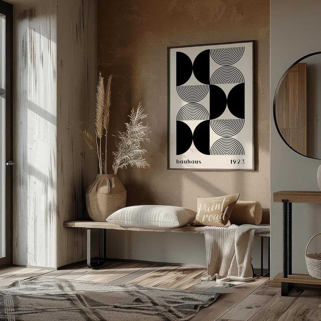 This striking art print is a homage to the iconic Bauhaus movement, featuring a sophisticated black… for entryway