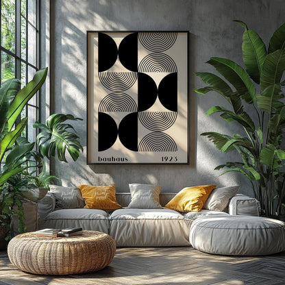 This striking art print is a homage to the iconic Bauhaus movement, featuring a sophisticated black… for living room