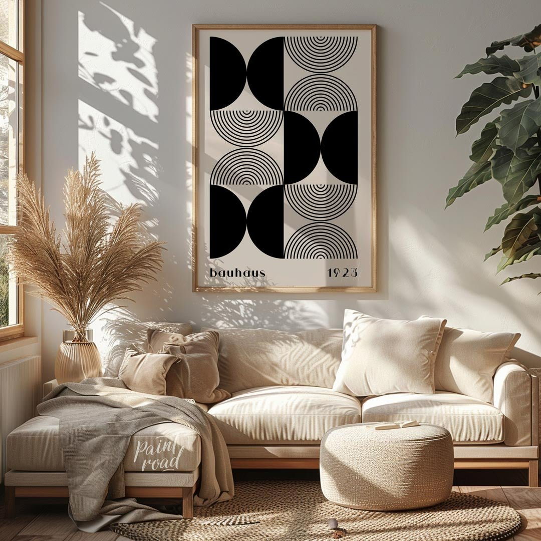 This striking art print is a homage to the iconic Bauhaus movement, featuring a sophisticated black… for living room
