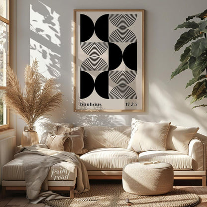 This striking art print is a homage to the iconic Bauhaus movement, featuring a sophisticated black… for living room