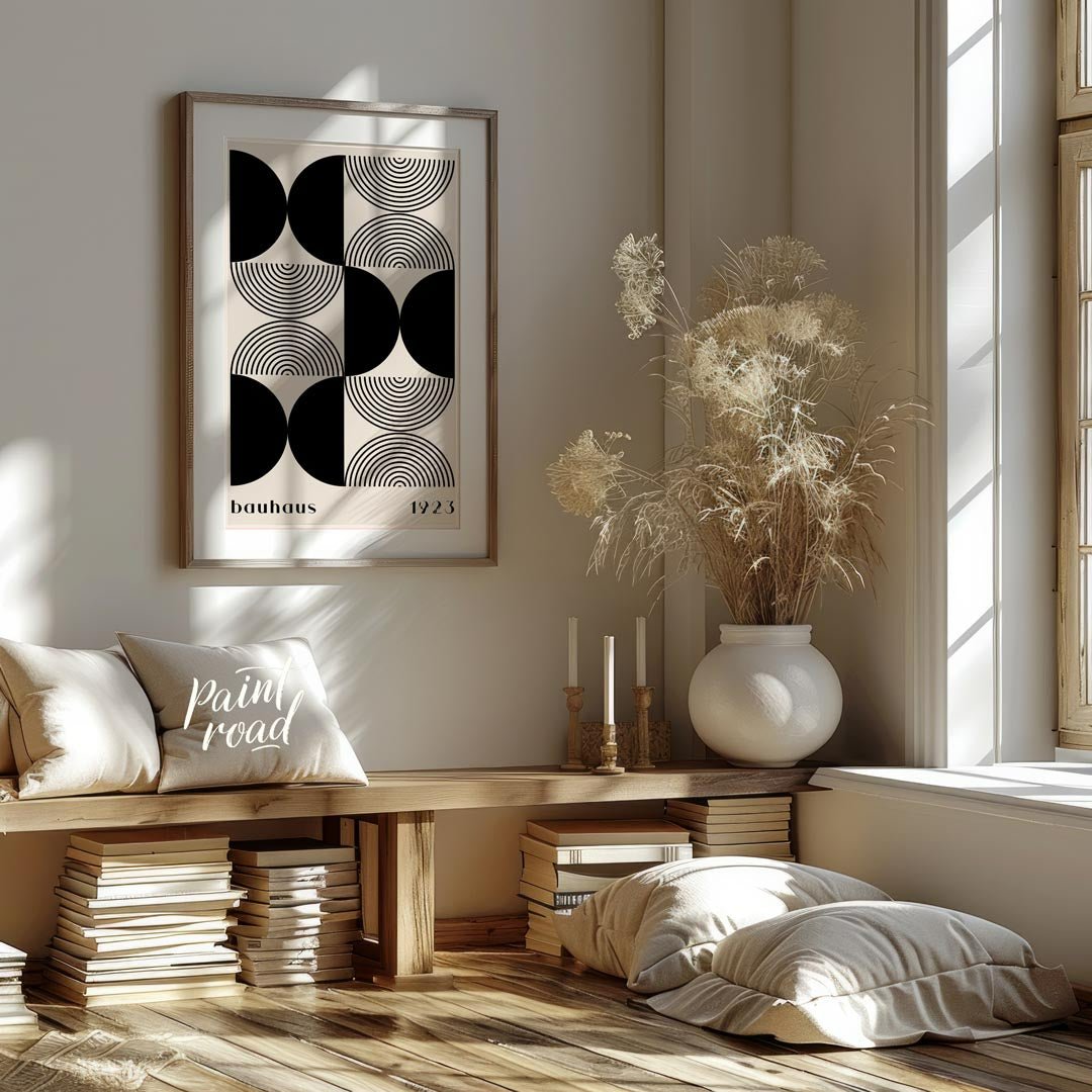 This striking art print is a homage to the iconic Bauhaus movement, featuring a sophisticated black… for living room