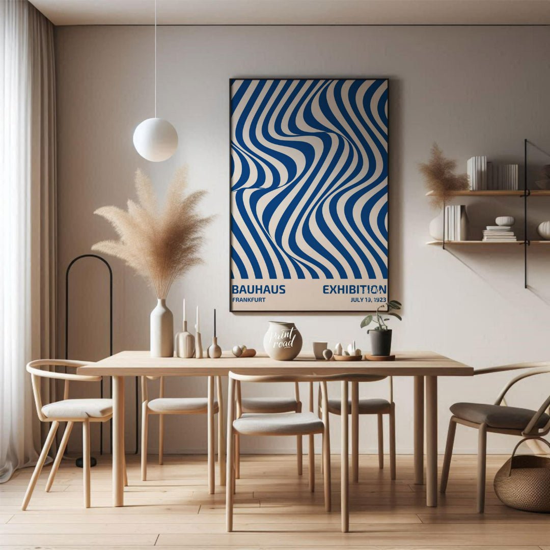 This poster is a vibrant and captivating example of Op Art infused with Bauhaus’s structural clarit… for dining room