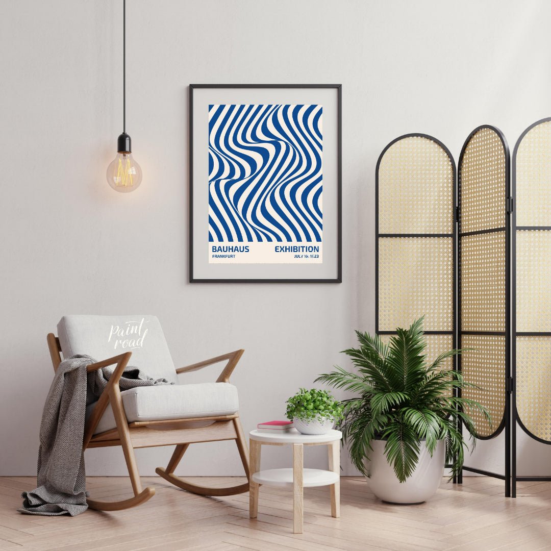 This poster is a vibrant and captivating example of Op Art infused with Bauhaus’s structural clarit… for living room