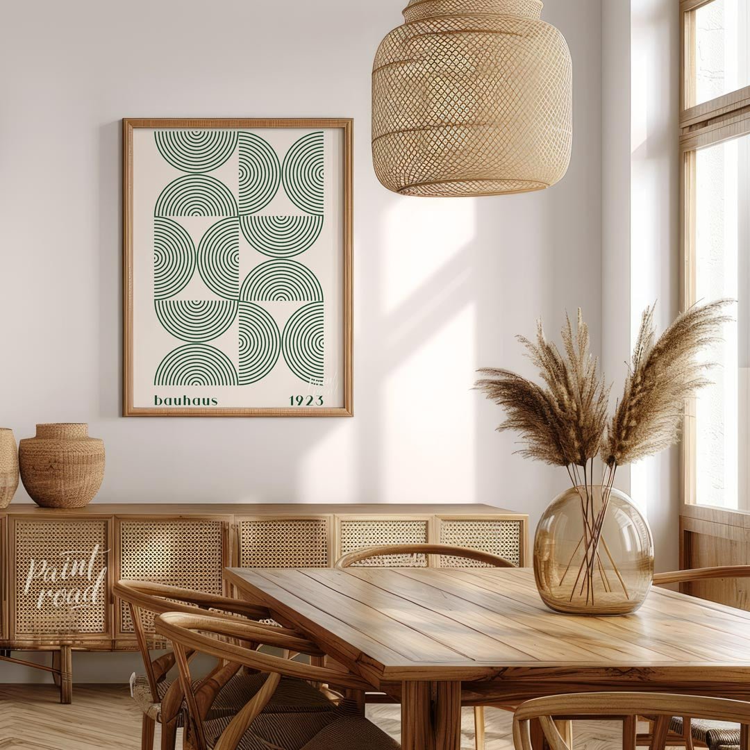 This poster embodies the core principles of Bauhaus design with its geometric precision and minimal… for dining room