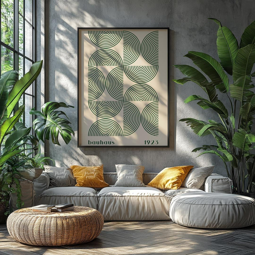 This poster embodies the core principles of Bauhaus design with its geometric precision and minimal… for living room
