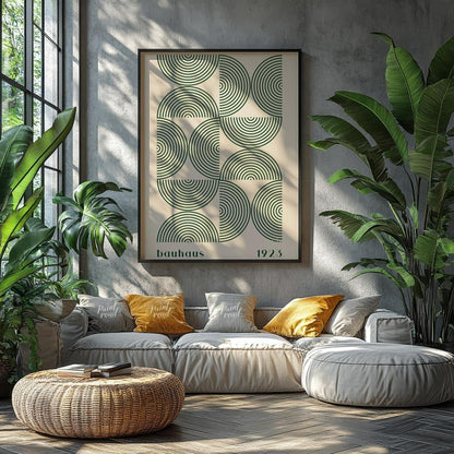 This poster embodies the core principles of Bauhaus design with its geometric precision and minimal… for living room