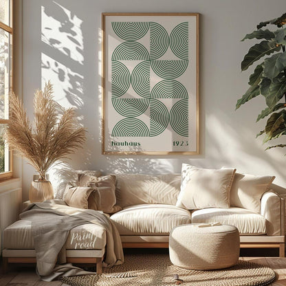 This poster embodies the core principles of Bauhaus design with its geometric precision and minimal… for living room