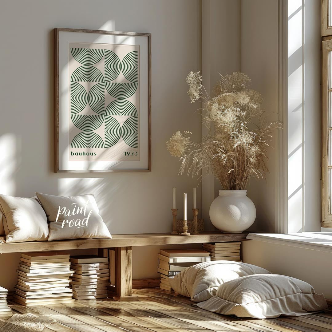 This poster embodies the core principles of Bauhaus design with its geometric precision and minimal… for living room