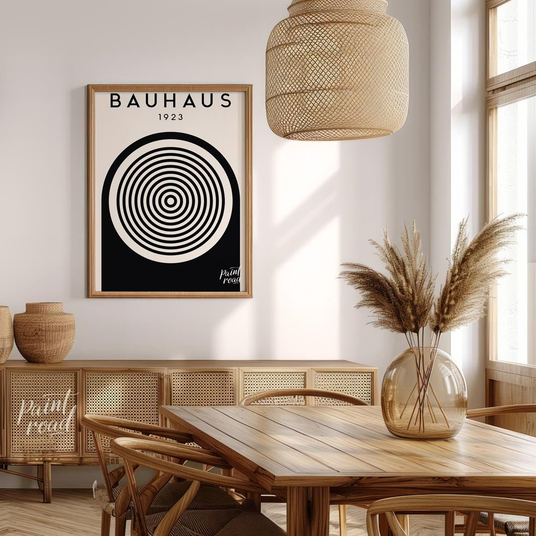 This image showcases a classic Bauhaus exhibition poster from 1923, embodying the core aesthetic of… for dining room