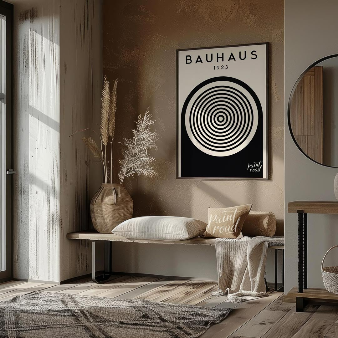 This image showcases a classic Bauhaus exhibition poster from 1923, embodying the core aesthetic of… for entryway