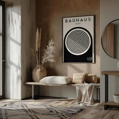 This image showcases a classic Bauhaus exhibition poster from 1923, embodying the core aesthetic of… for entryway
