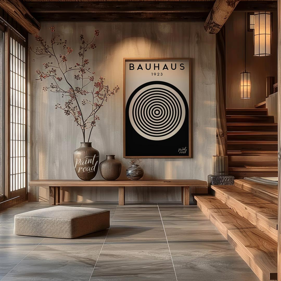This image showcases a classic Bauhaus exhibition poster from 1923, embodying the core aesthetic of… for entryway