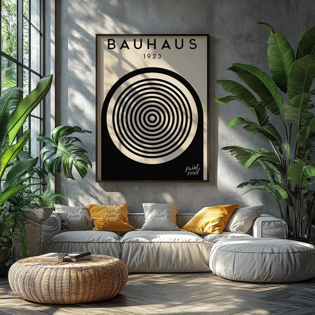 This image showcases a classic Bauhaus exhibition poster from 1923, embodying the core aesthetic of… for living room