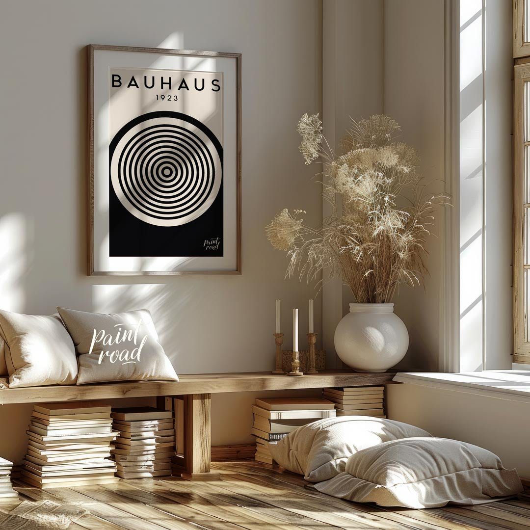 This image showcases a classic Bauhaus exhibition poster from 1923, embodying the core aesthetic of… for living room