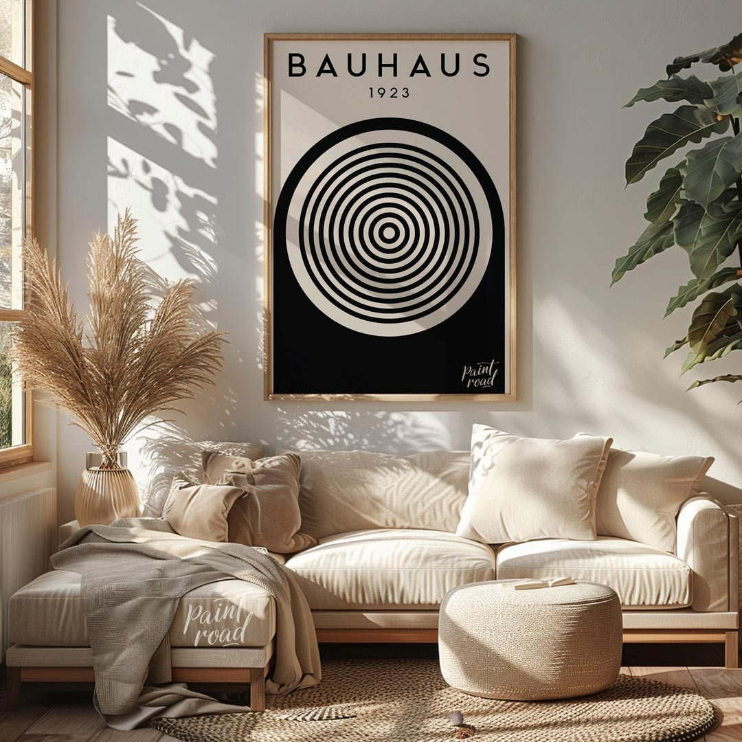 This image showcases a classic Bauhaus exhibition poster from 1923, embodying the core aesthetic of… for living room