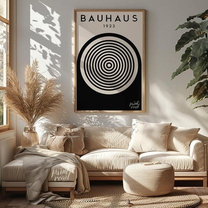 This image showcases a classic Bauhaus exhibition poster from 1923, embodying the core aesthetic of… for living room