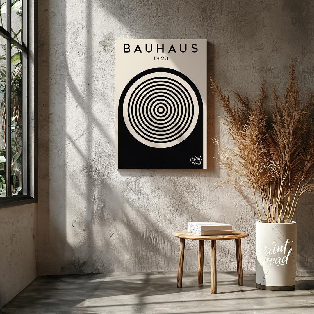 This image showcases a classic Bauhaus exhibition poster from 1923, embodying the core aesthetic of… for living room