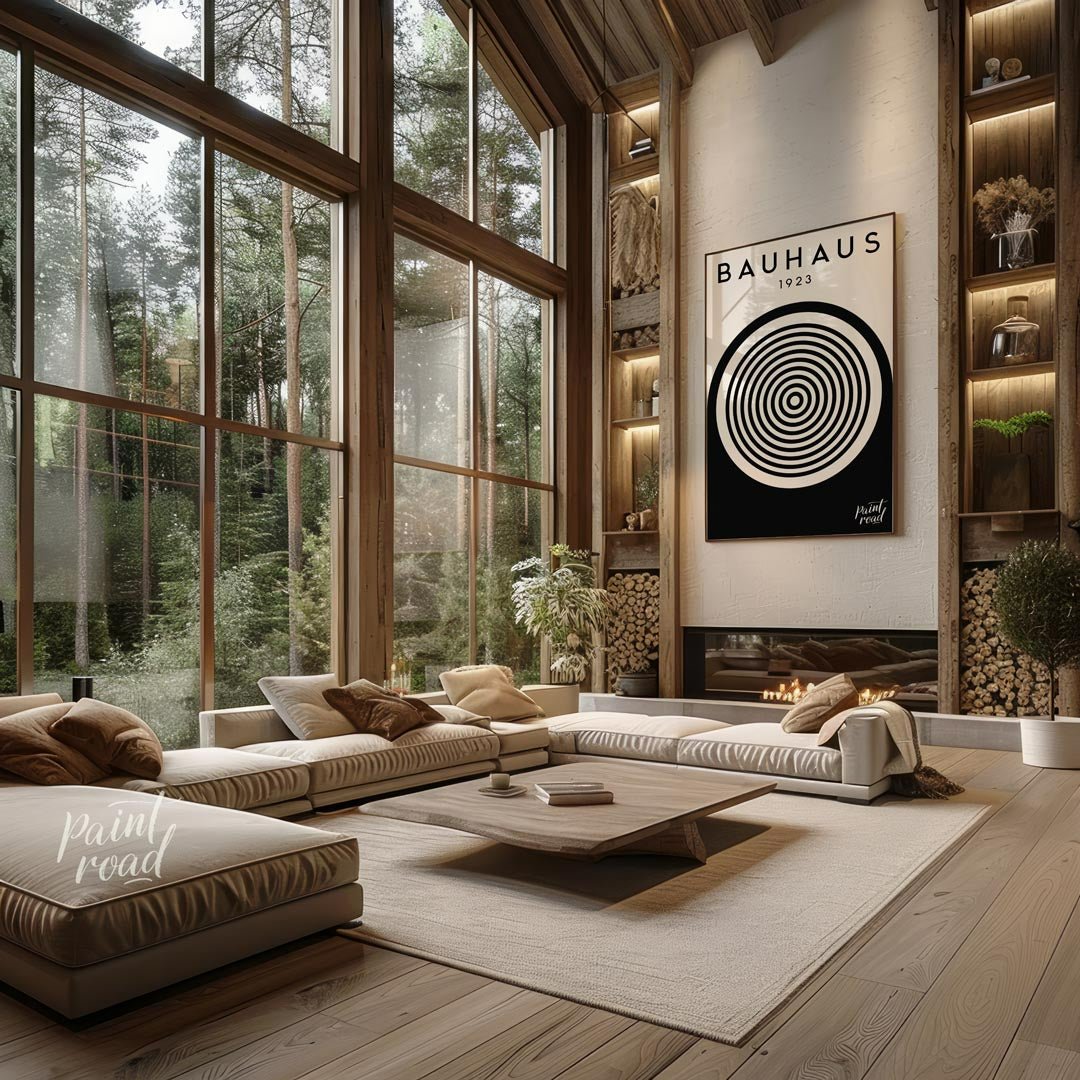This image showcases a classic Bauhaus exhibition poster from 1923, embodying the core aesthetic of… for living room