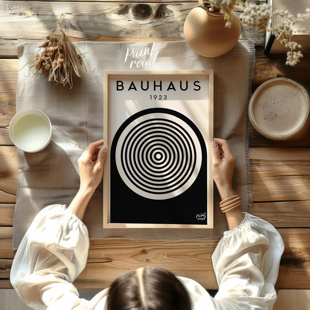 This image showcases a classic Bauhaus exhibition poster from 1923, embodying the core aesthetic of… for other