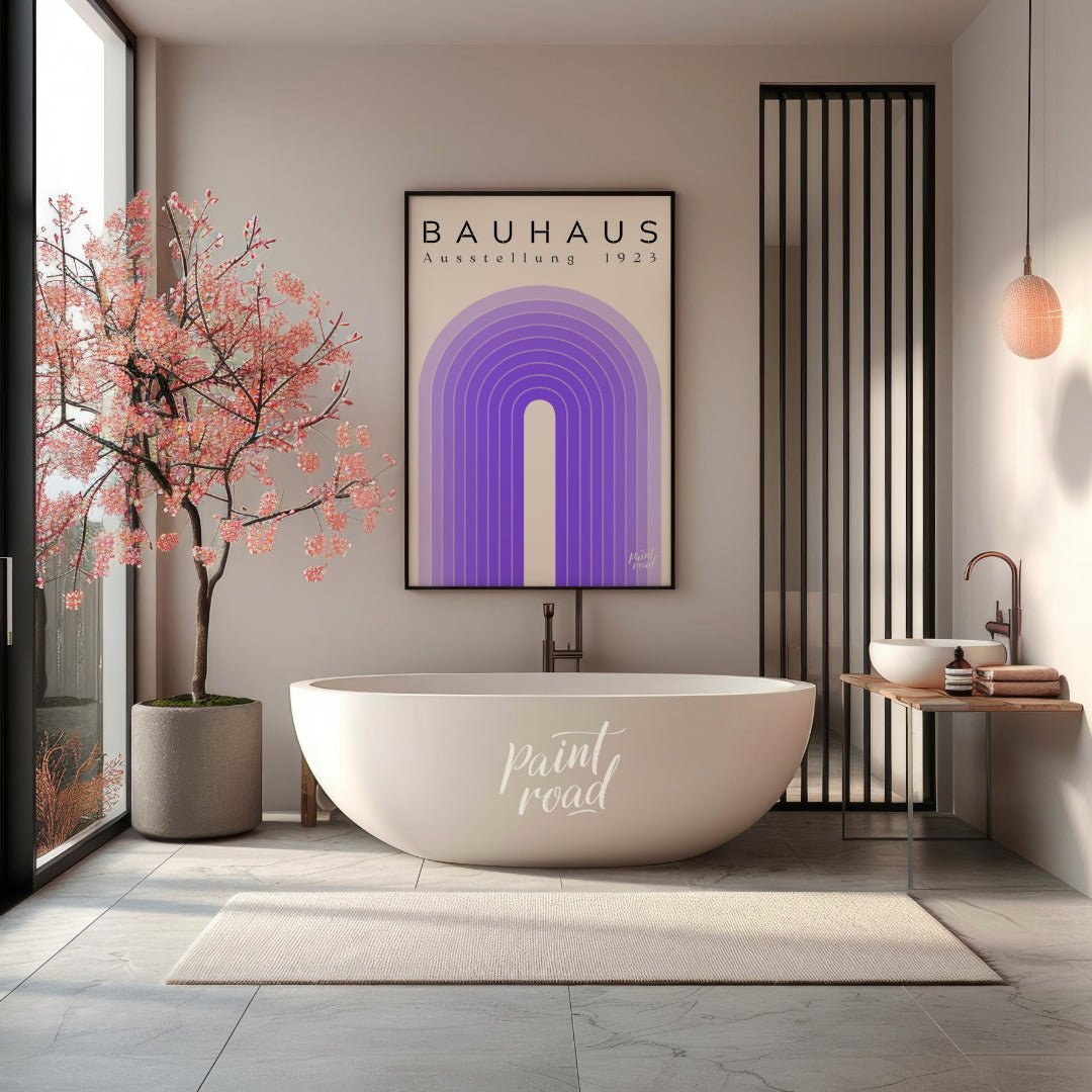 This poster exudes modern elegance with its concentric arch design in varying shades of purple, set… for bathroom