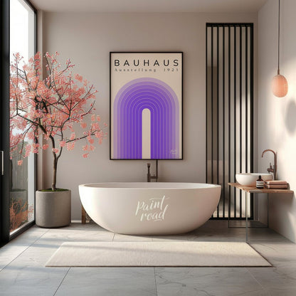 This poster exudes modern elegance with its concentric arch design in varying shades of purple, set… for bathroom