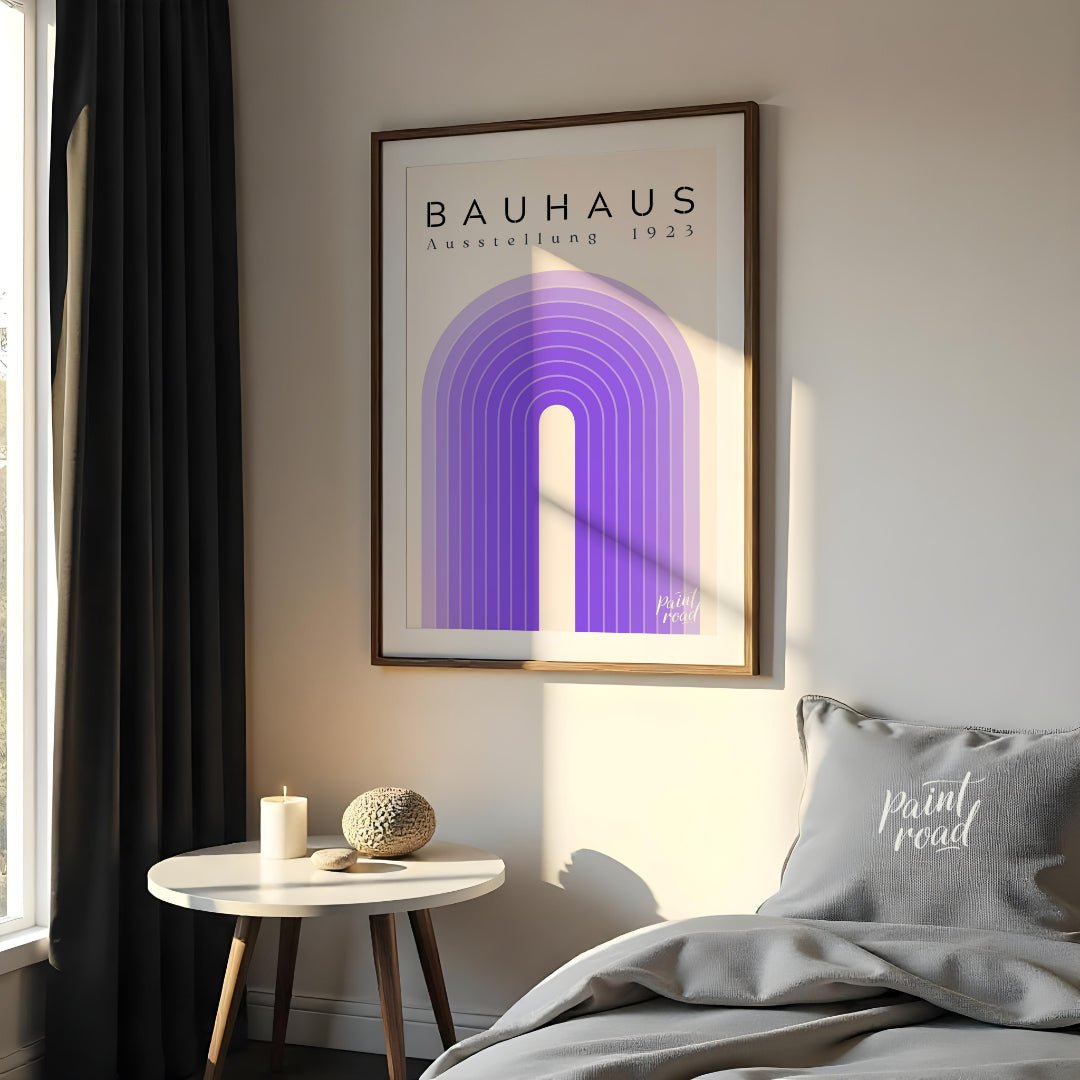 This poster exudes modern elegance with its concentric arch design in varying shades of purple, set… for bedroom