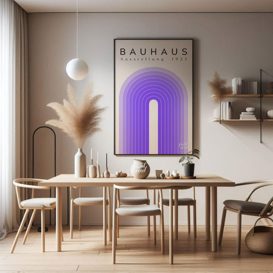 This poster exudes modern elegance with its concentric arch design in varying shades of purple, set… for dining room