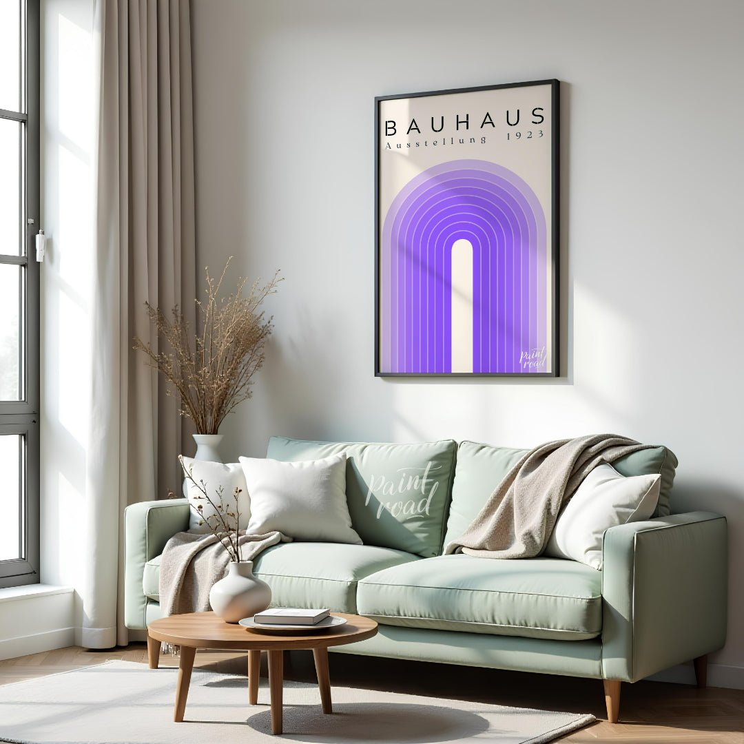 This poster exudes modern elegance with its concentric arch design in varying shades of purple, set… for living room