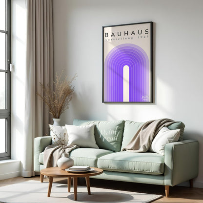 This poster exudes modern elegance with its concentric arch design in varying shades of purple, set… for living room
