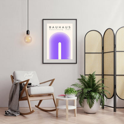 This poster exudes modern elegance with its concentric arch design in varying shades of purple, set… for living room