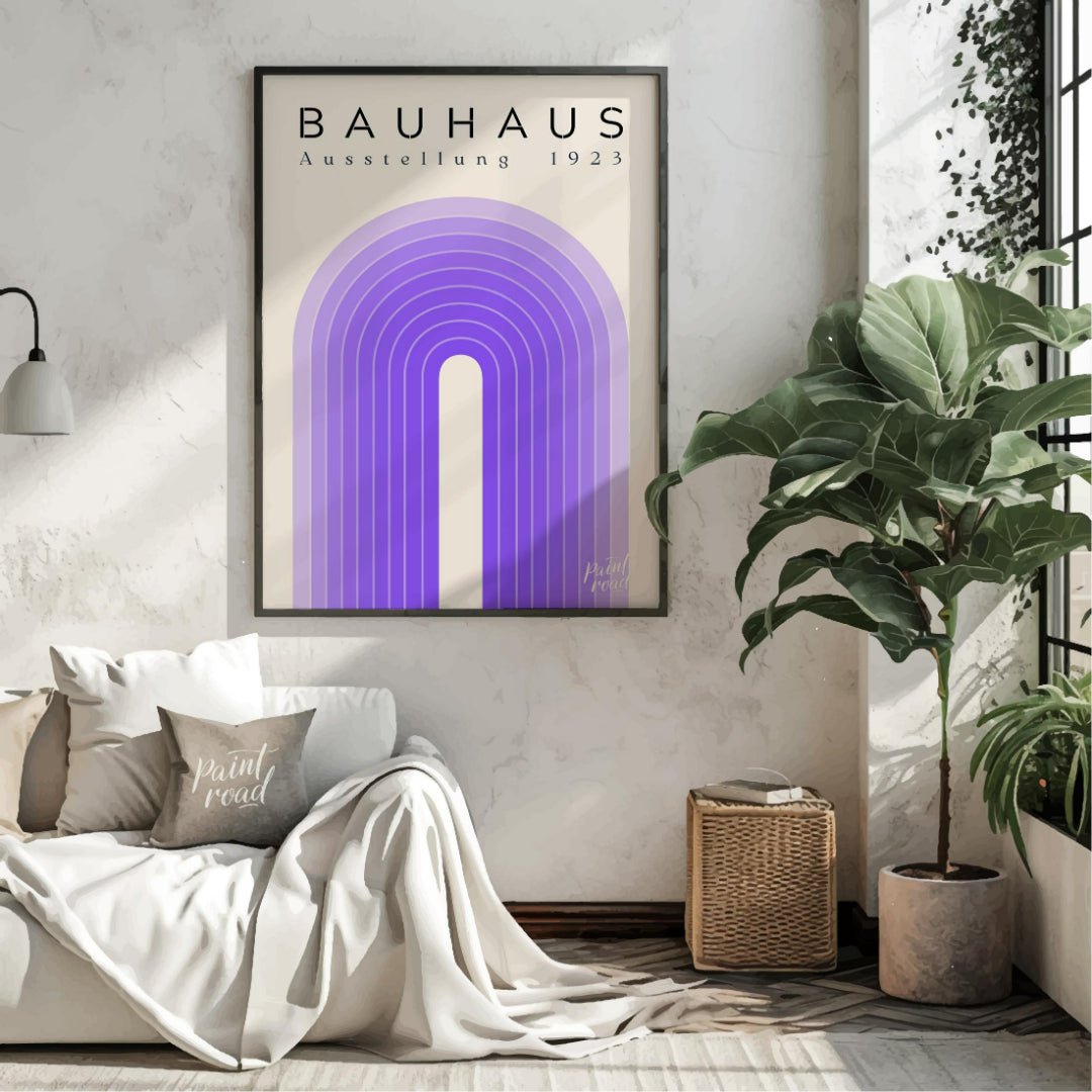 This poster exudes modern elegance with its concentric arch design in varying shades of purple, set… for living room