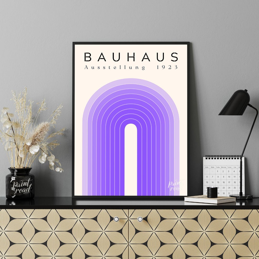 This poster exudes modern elegance with its concentric arch design in varying shades of purple, set… for office